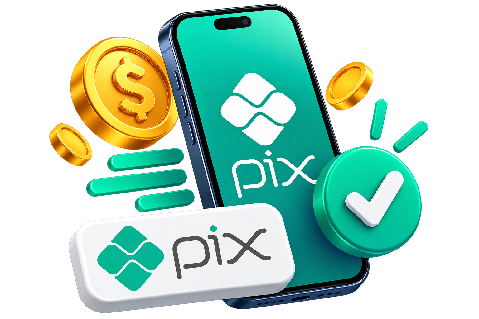 Composição 3D fintech com PIX e moedas